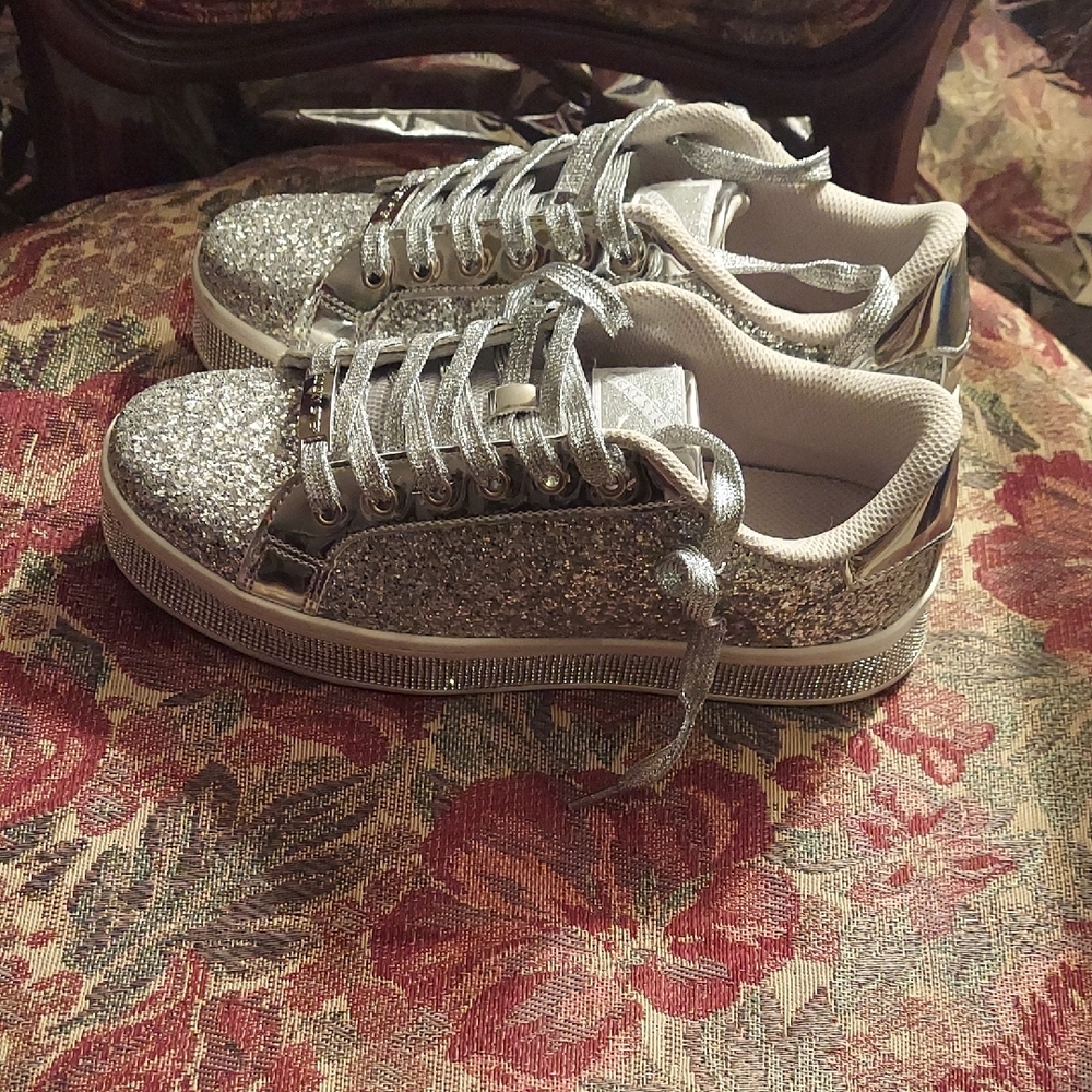Silver Platform Sneakers with Glittery Texture